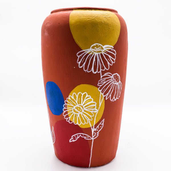 Hand-Painted Flower Pot (Tall) with Painted Flower Design (White Floral)