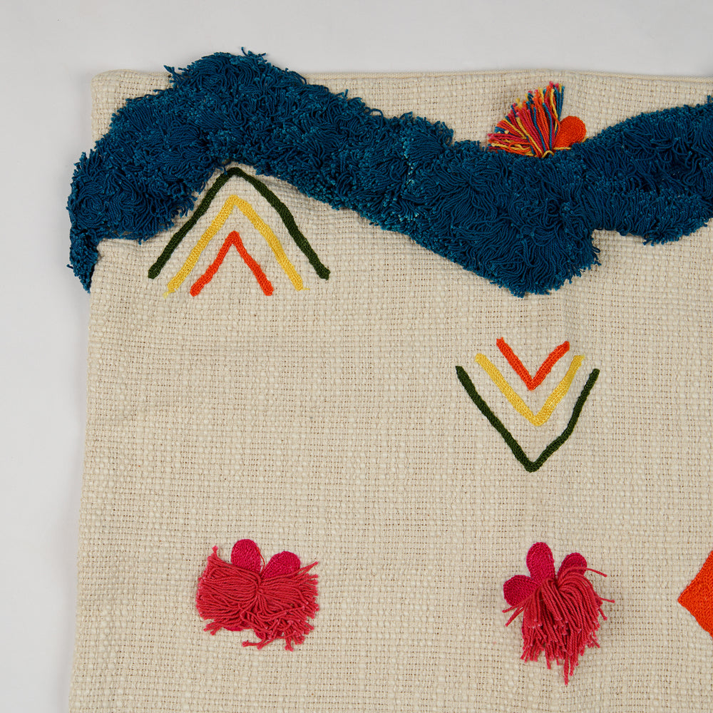 Embroidery Cushion Cover with Small Pom Pom