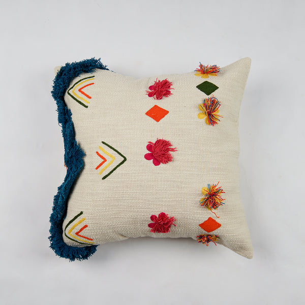 Embroidery Cushion Cover with Small Pom Pom