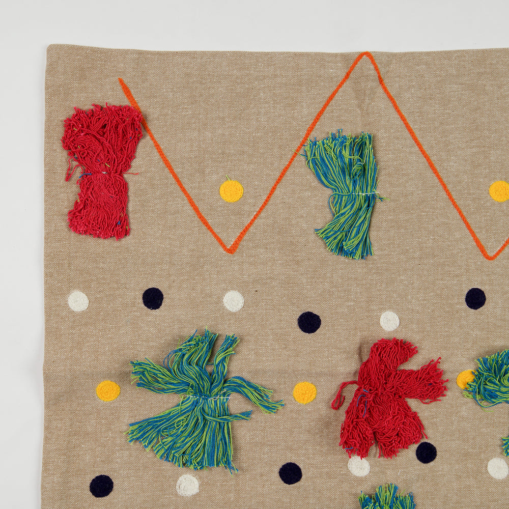 Upcycled  Hand Weaved  Cushion Cover with Pom Pom