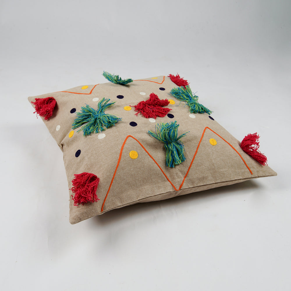 Upcycled  Hand Weaved  Cushion Cover with Pom Pom