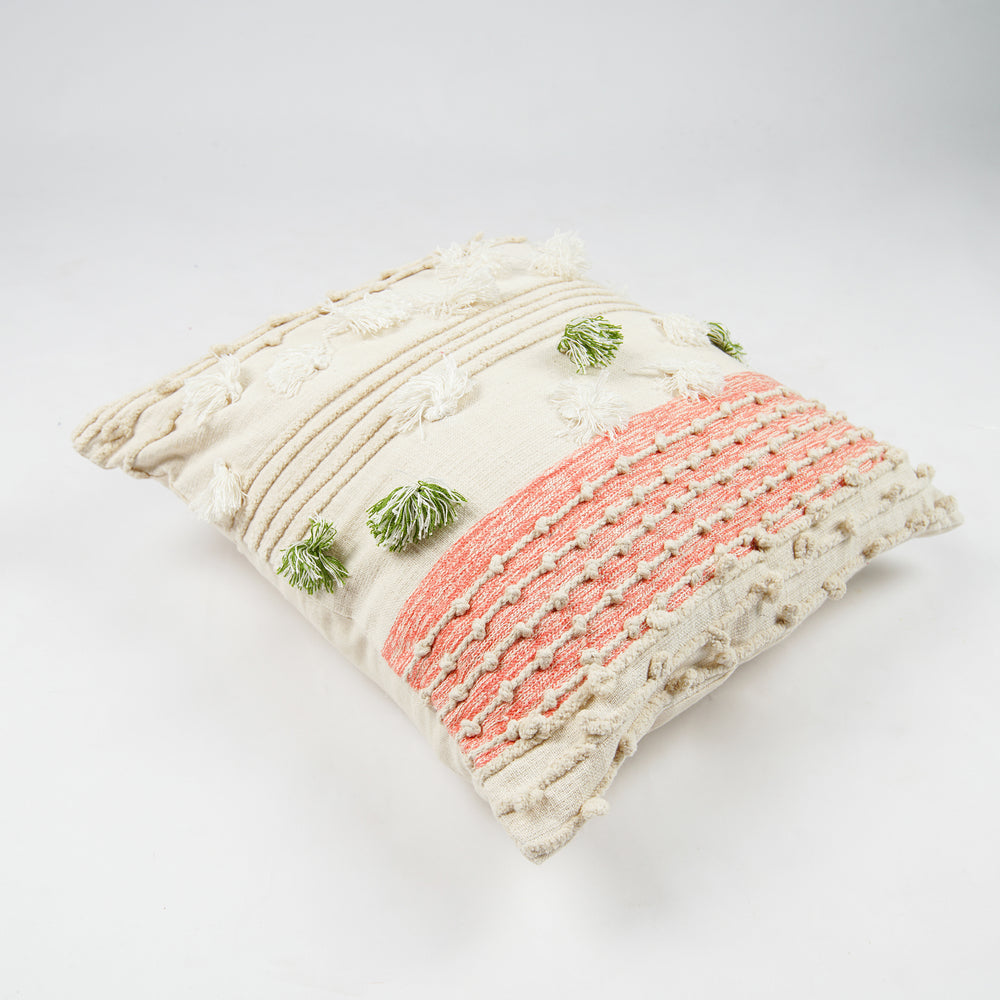 Hand Weaved Cotton Cushion Cover with Small Pom Pom