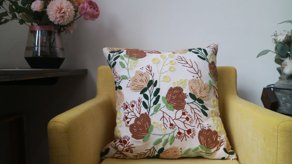 Punch Needle Embroidered Cushion Cover with Floral Pattern