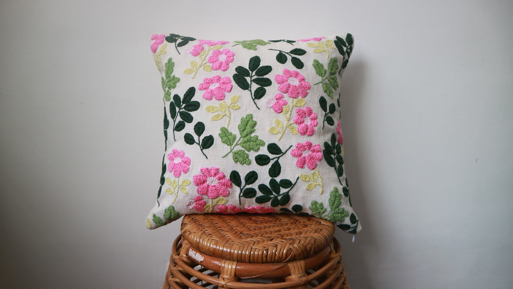 Punch Needle Embroidered Cushion Cover with Floral Pattern