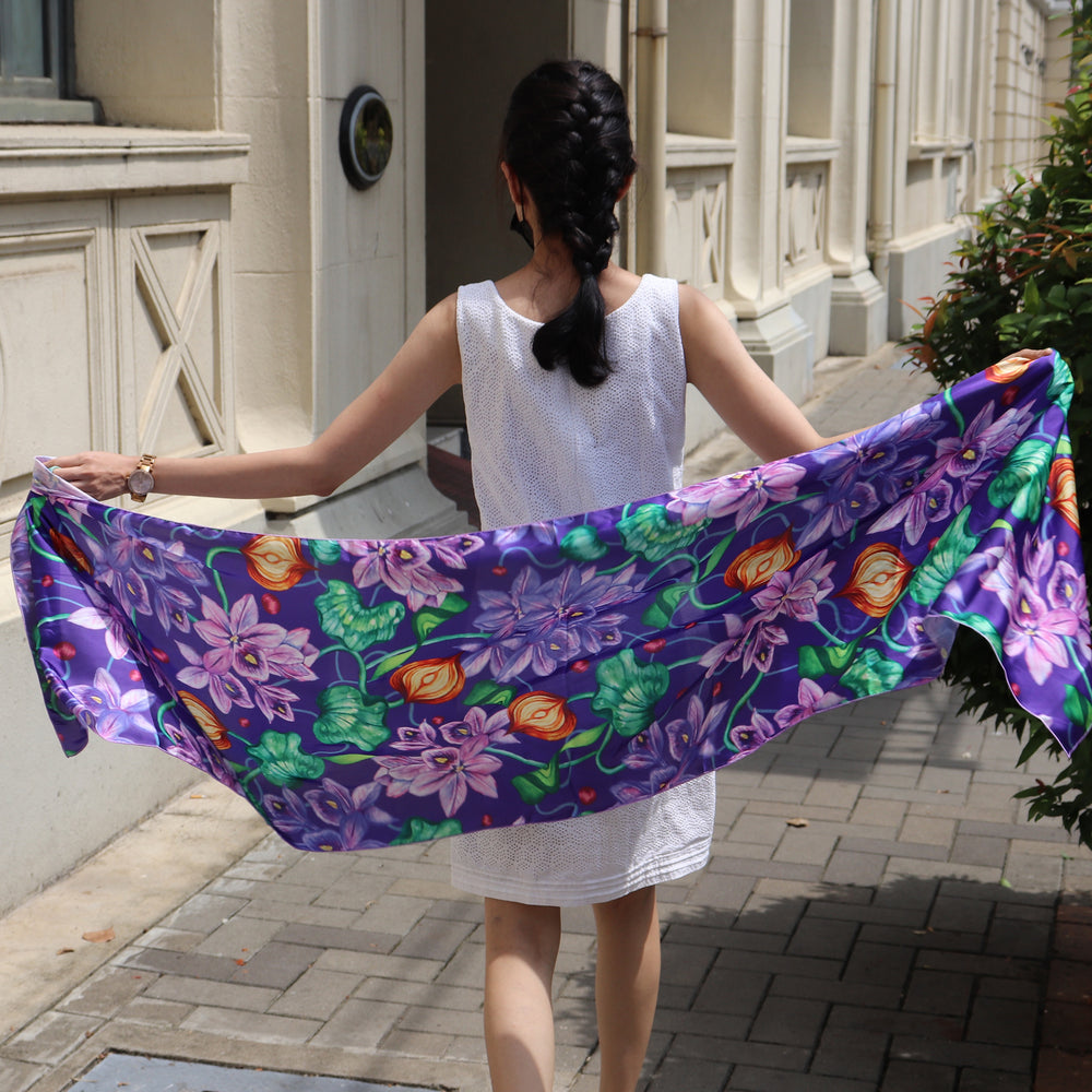 Hand-Painted Royal Bay Dar Flowers Art in Printed Silk Shawl
