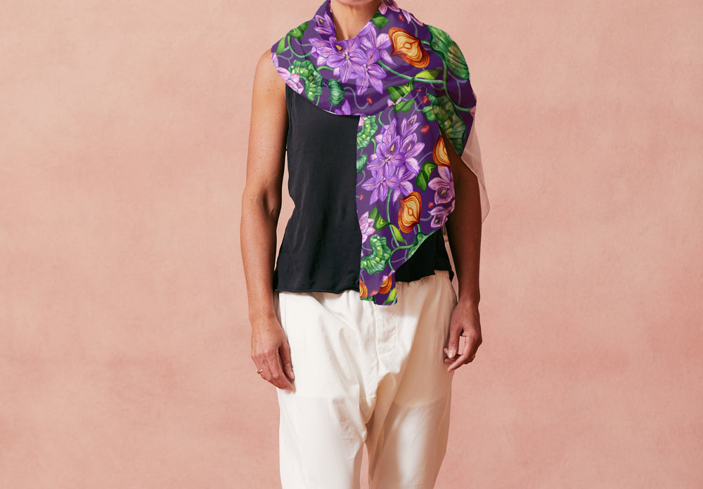 Hand-Painted Royal Bay Dar Flowers Art in Printed Silk Shawl