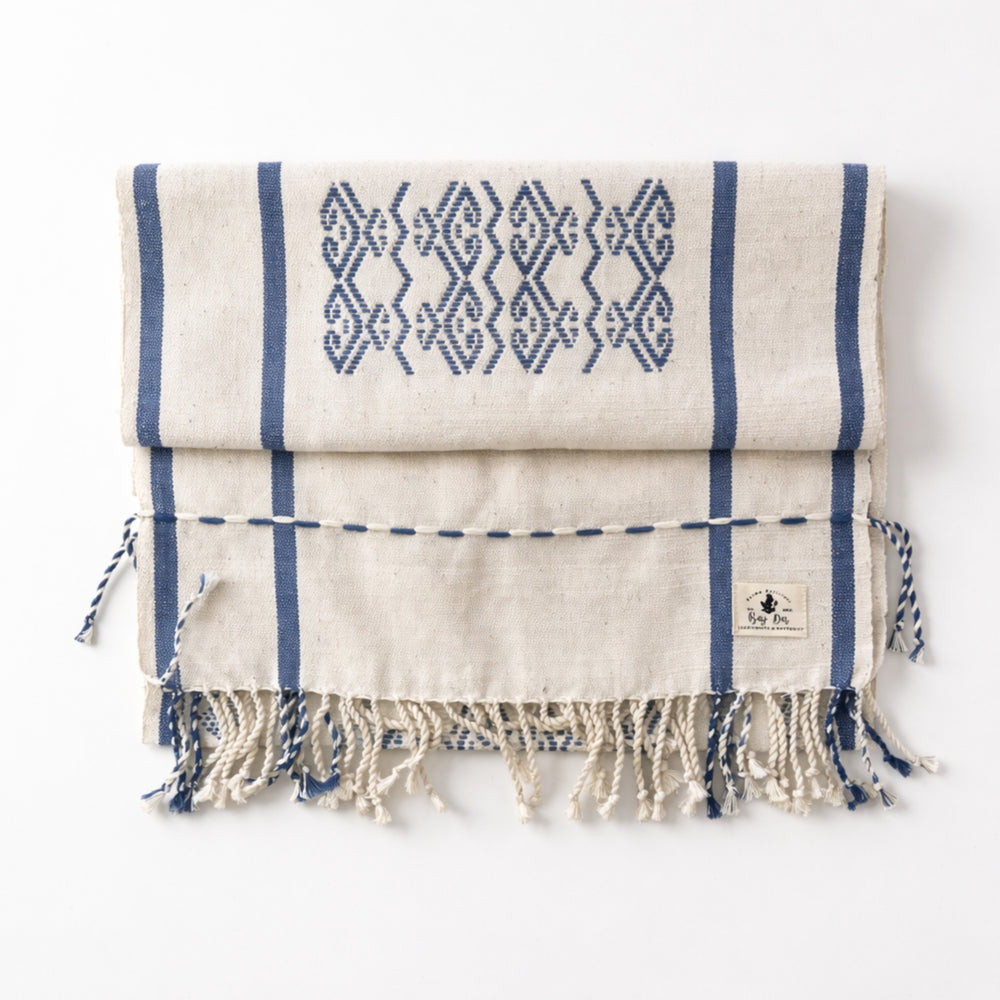 Handwoven Cotton Table Runner with Timeless Indigo Motif