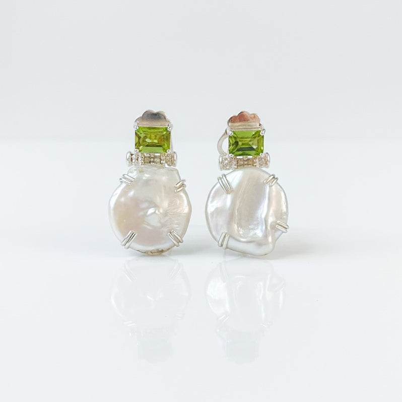 Coin Pearl and Peridot Drop Earrings