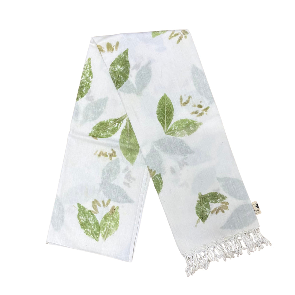 Garten: Ivory White Blue Eco Print Shawl with Natural Cotton Botanical Prints
