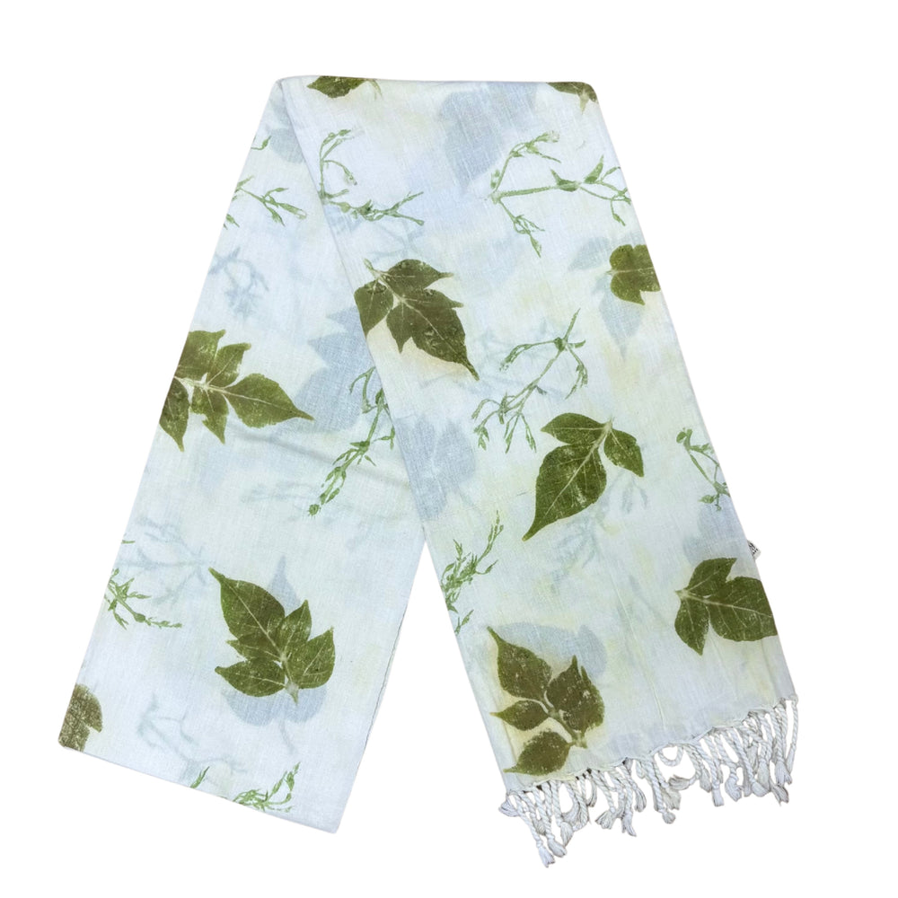 Garten: Ivory White Blue Eco Print Shawl with Natural Cotton Botanical Prints