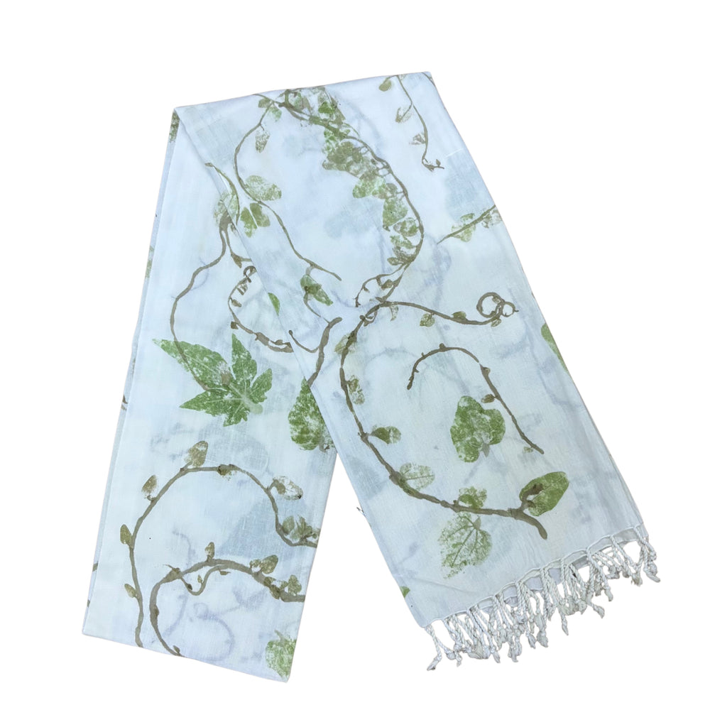 Garten: Ivory White Blue Eco Print Shawl with Natural Cotton Botanical Prints