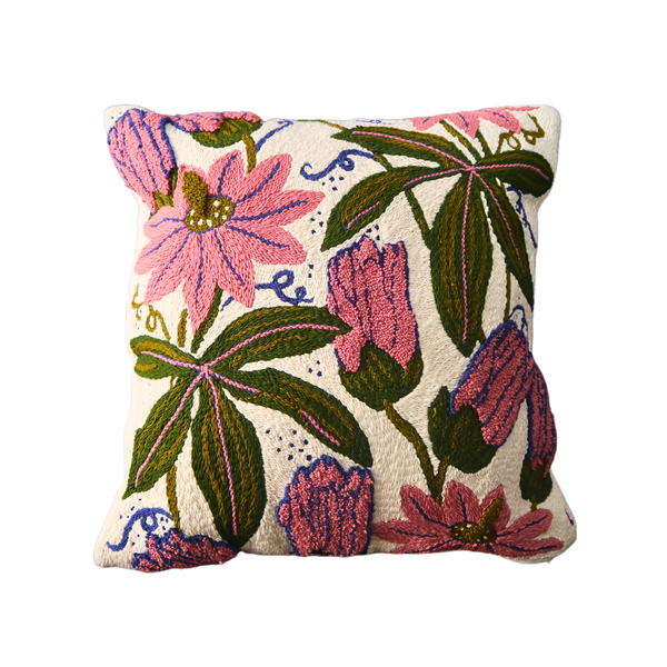 Punch Needle Embroidered Cushion Cover with Floral Design
