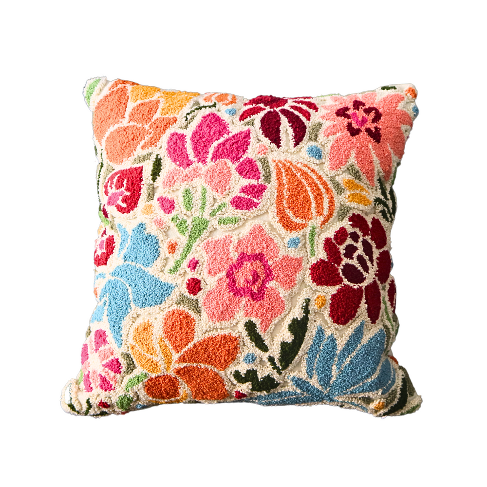 Punch Needle Embroidered Cushion Cover with Floral Design