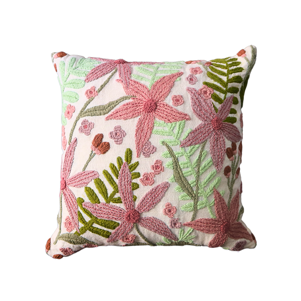 Punch Needle Embroidered Cushion Cover with Floral Design