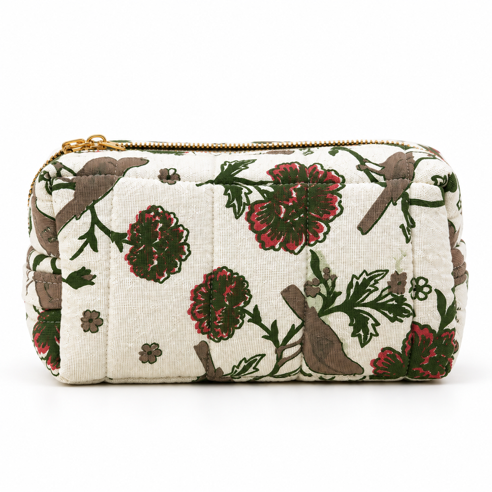 Floral Bird Print Cotton Pouch