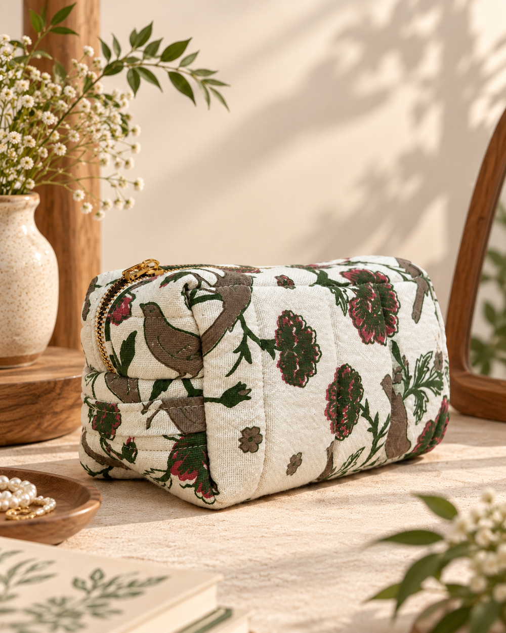 Floral Bird Print Cotton Pouch