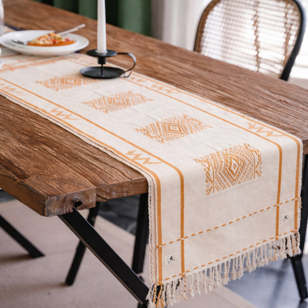 Handwoven Cotton Table Runner with Orange Timeless Motif