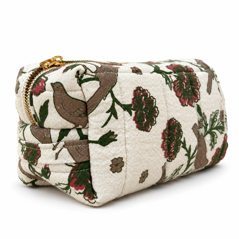 Floral Bird Print Cotton Pouch
