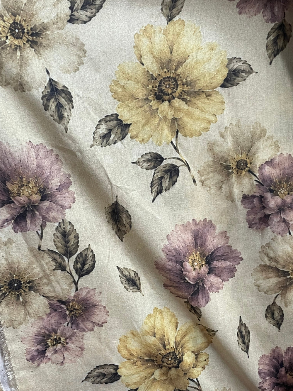 Soft Beige Blossom Cotton Linen Fabric