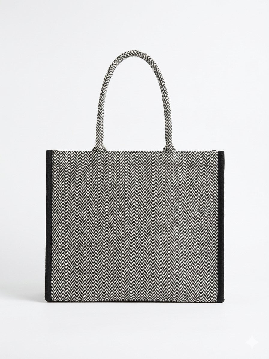 Classic Monochrome Handwoven Cotton Tote Bag (Large)