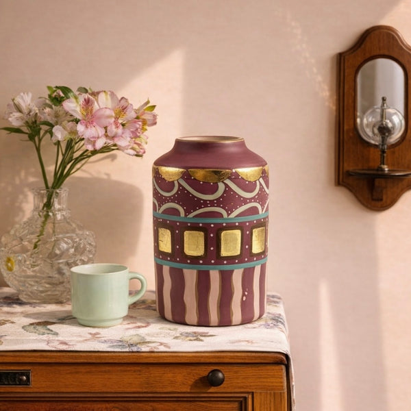 Mira: Terracotta Flower Pot (Gold Coated with Stripes)