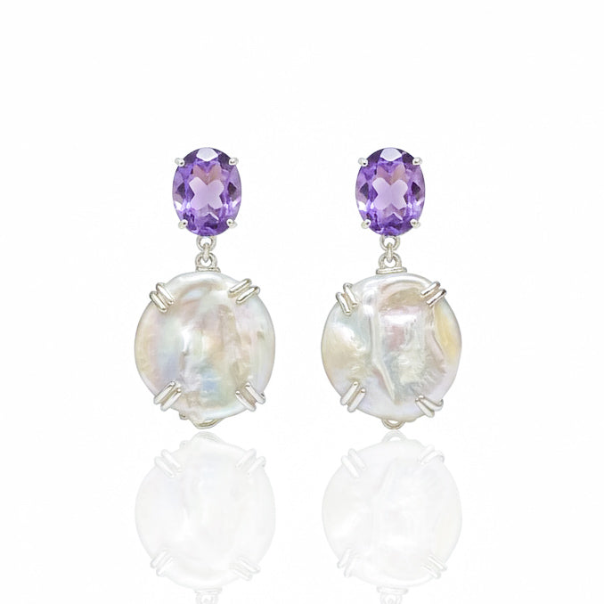 Elegant Coin Pearl and Amethyst Drop Earrings
