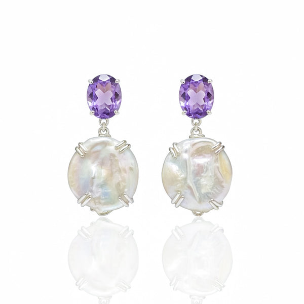 Elegant Coin Pearl and Amethyst Drop Earrings
