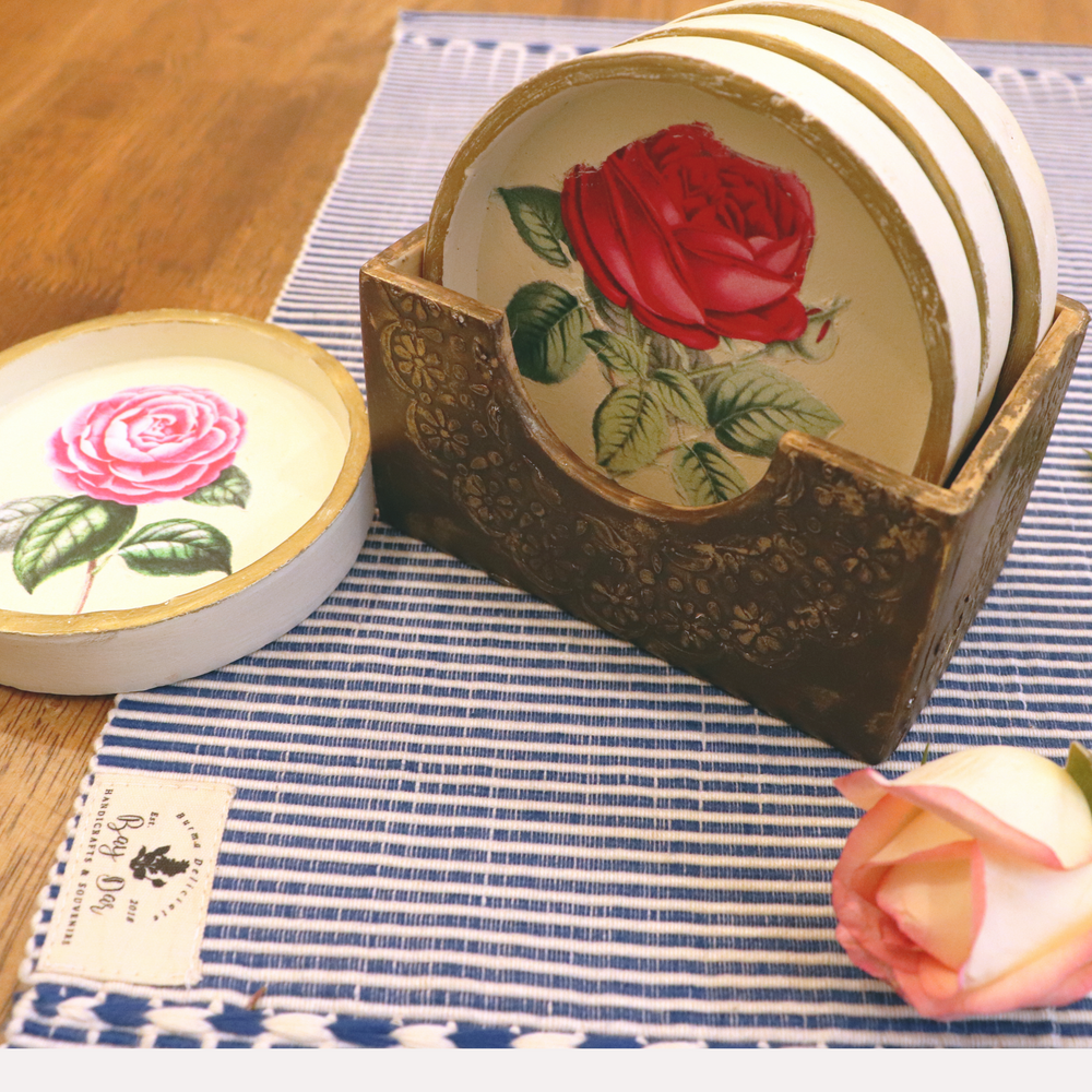 Table Tales Collection: Rose Design Round Clay Coaster Set