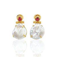 Coin Pearl and Red Spinel Drop Earrings