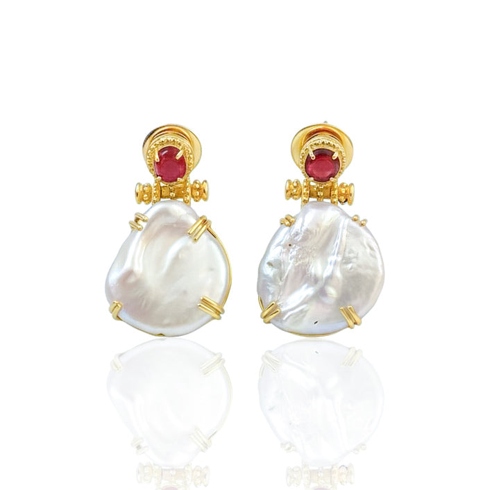 Coin Pearl and Red Spinel Drop Earrings