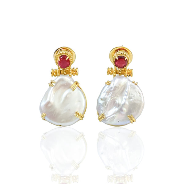 Coin Pearl and Red Spinel Drop Earrings