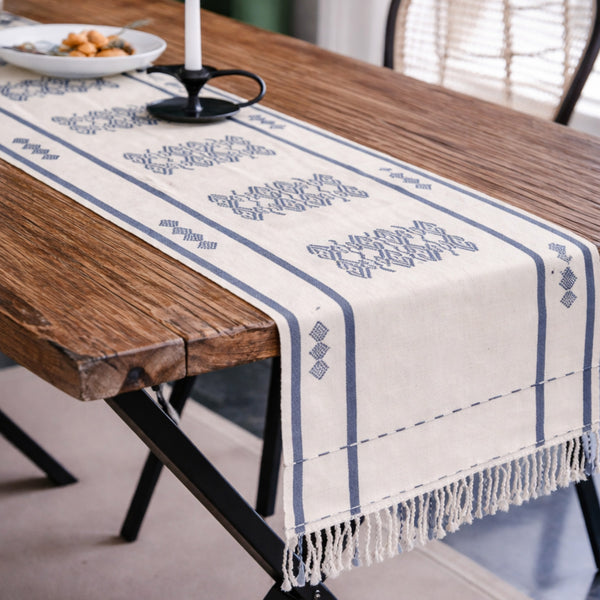 Handwoven Cotton Table Runner with Timeless Indigo Motif