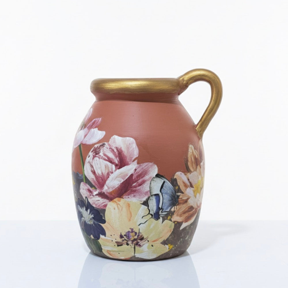 Garten: Gold Coated Decoupage Terracotta Pot with Handle