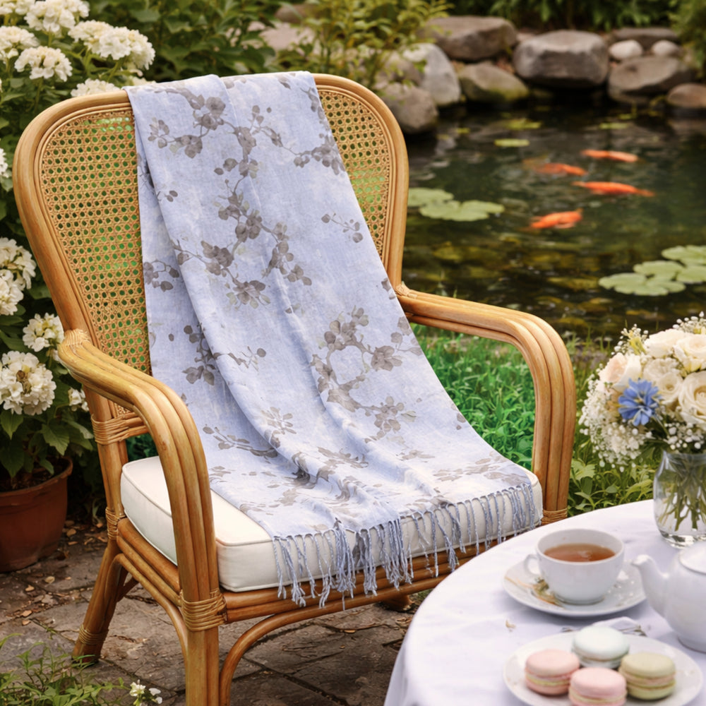 Garten: Light Blue Eco Print Shawl with Natural Cotton Botanical Prints