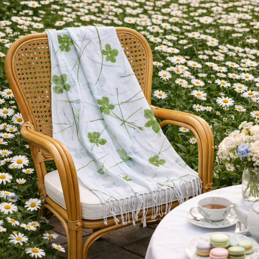 Garten: Ivory White Blue Eco Print Shawl with Natural Cotton Botanical Prints