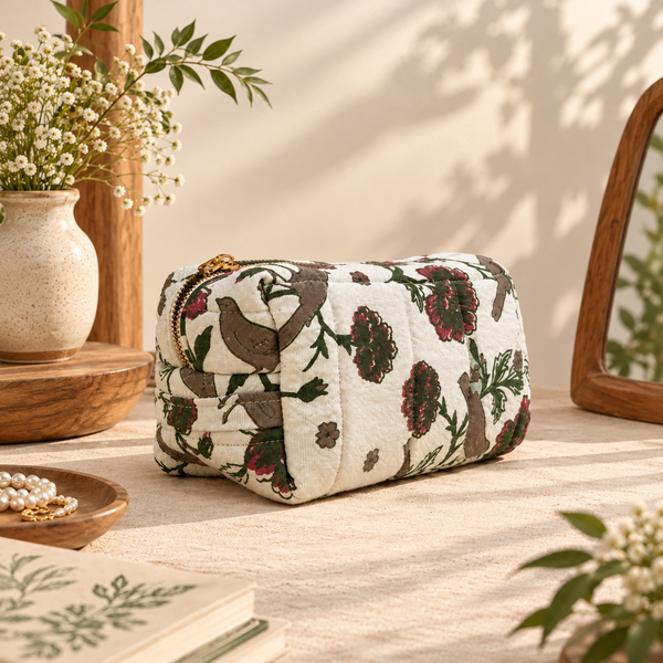 Floral Bird Print Cotton Pouch