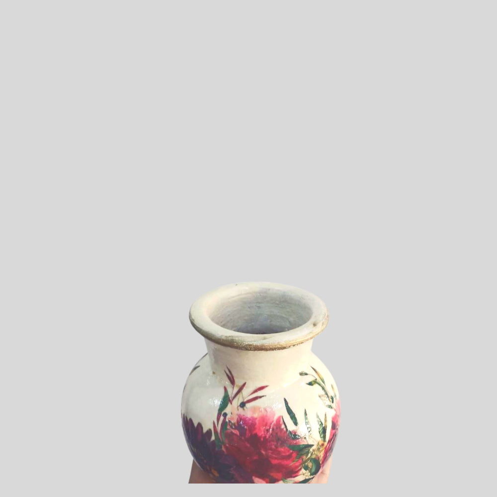 Hand painted Small Floral Pot with Decoupage Floral Design (Wide)