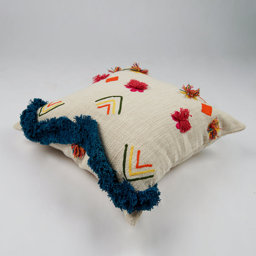 Embroidery Cushion Cover with Small Pom Pom