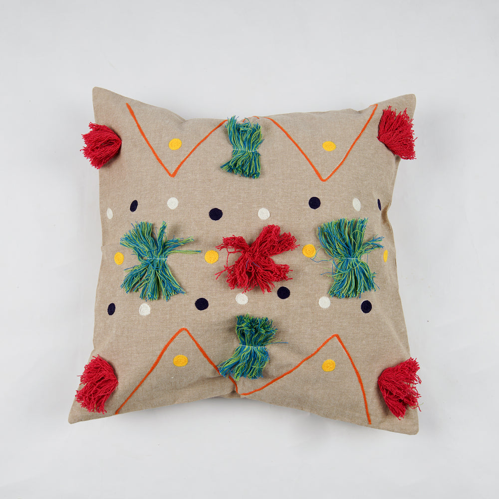 Upcycled  Hand Weaved  Cushion Cover with Pom Pom