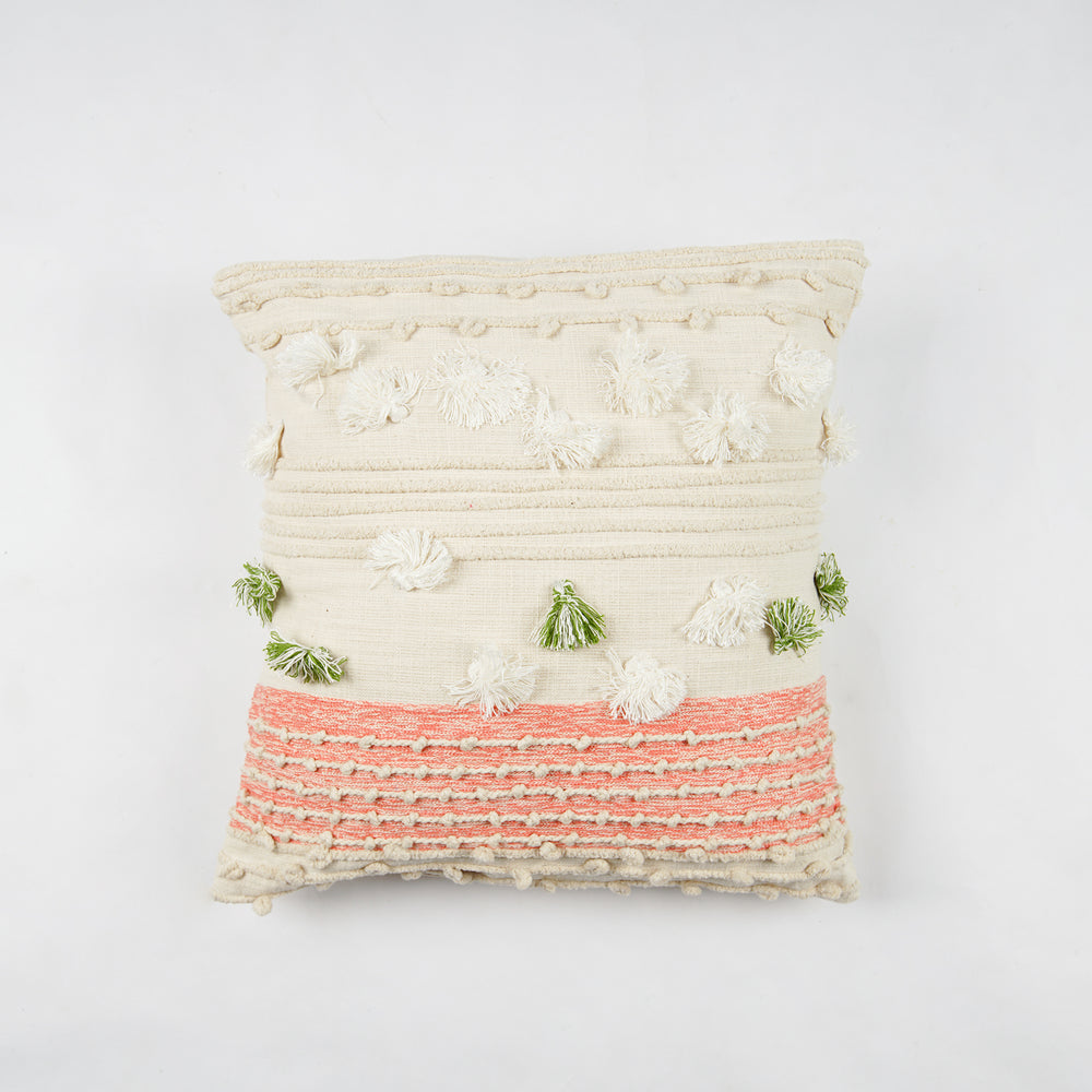 Hand Weaved Cotton Cushion Cover with Small Pom Pom