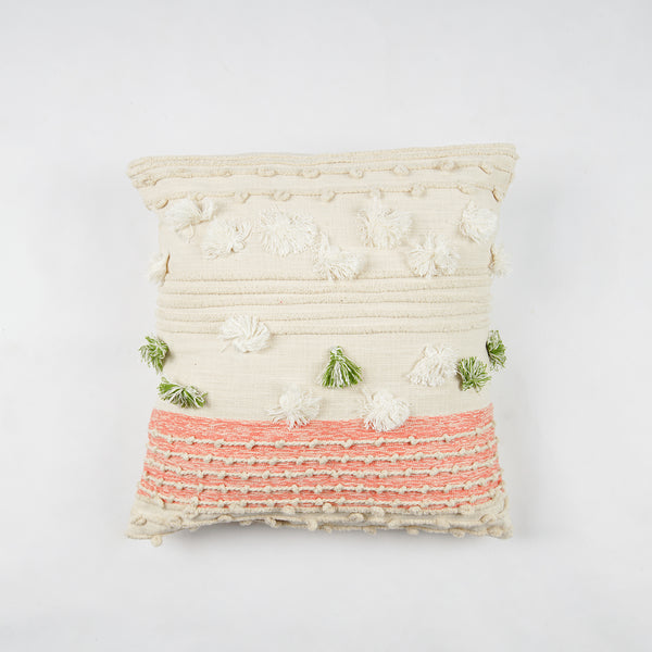 Hand Weaved Cotton Cushion Cover with Small Pom Pom