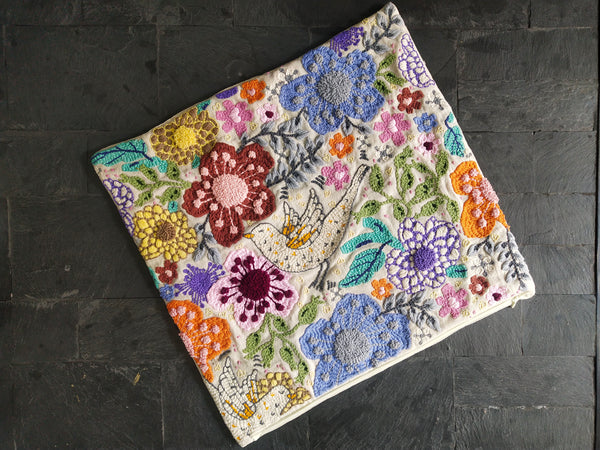 Punch Needle Embroidered Cushion Cover with foral Garden Design
