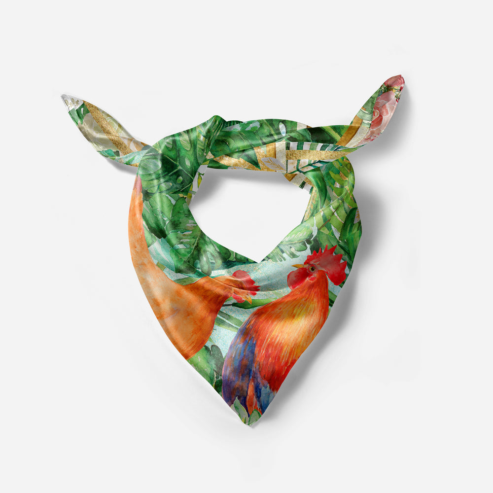 Hand-Painted Hen & Rooster Art in Printed Silk Scarf