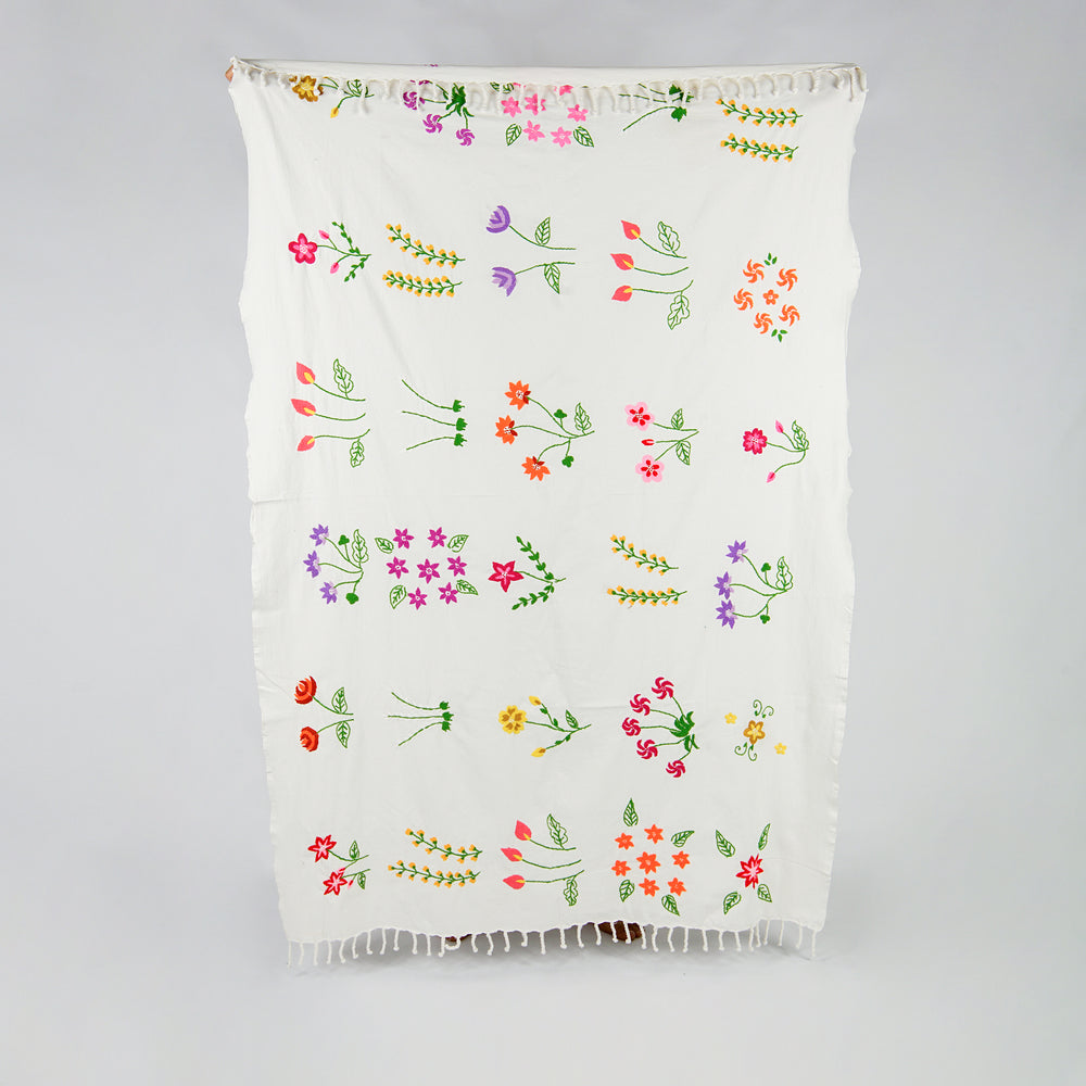 Hand Embroidery Throw with Myanmar Traditional Flowers