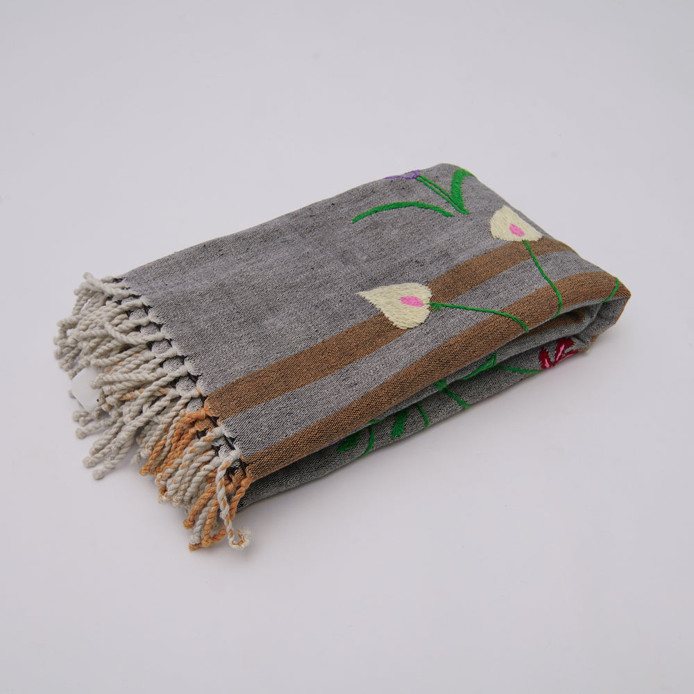 Hand Embroidery Throw with Myanmar Traditional Flowers