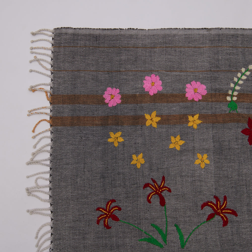 Hand Embroidery Throw with Myanmar Traditional Flowers