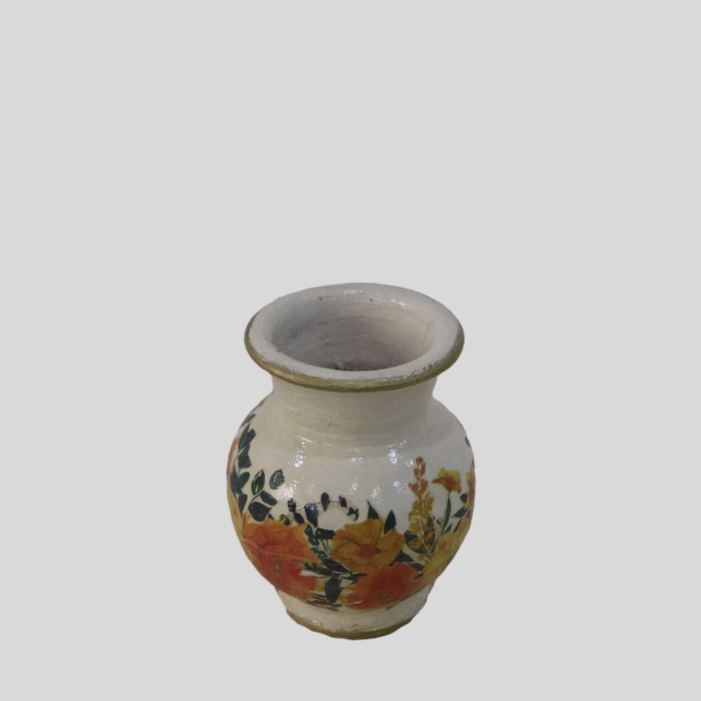 Hand painted Small Floral Pot with Decoupage Floral Design (Wide)