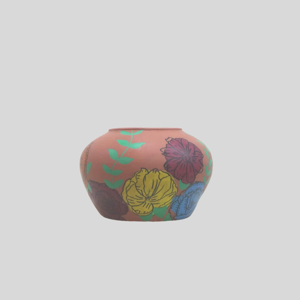 Hand painted Pot with Colourful Flower Design