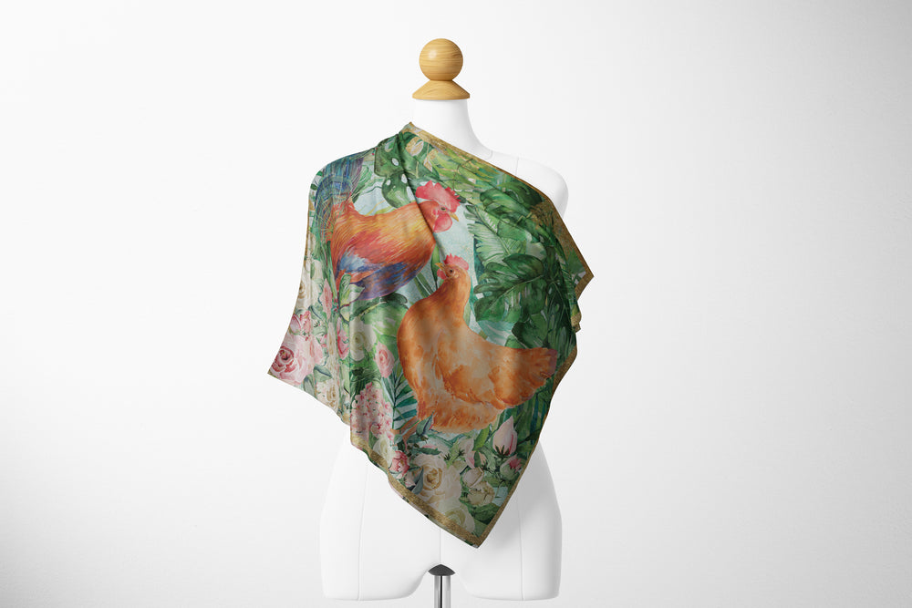 Hand-Painted Hen & Rooster Art in Printed Silk Scarf