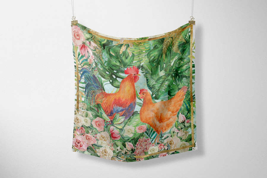 Hand-Painted Hen & Rooster Art in Printed Silk Scarf
